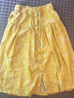Yellow Linen Blend Floral Cottagecore Boho Midi Skirt Size M